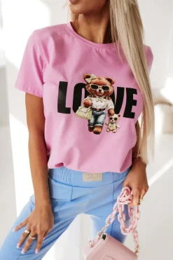 CandyTM T-SHIRT BAWEŁNIANY Z MISIEM I NAPISEM LOVE RÓŻOWY