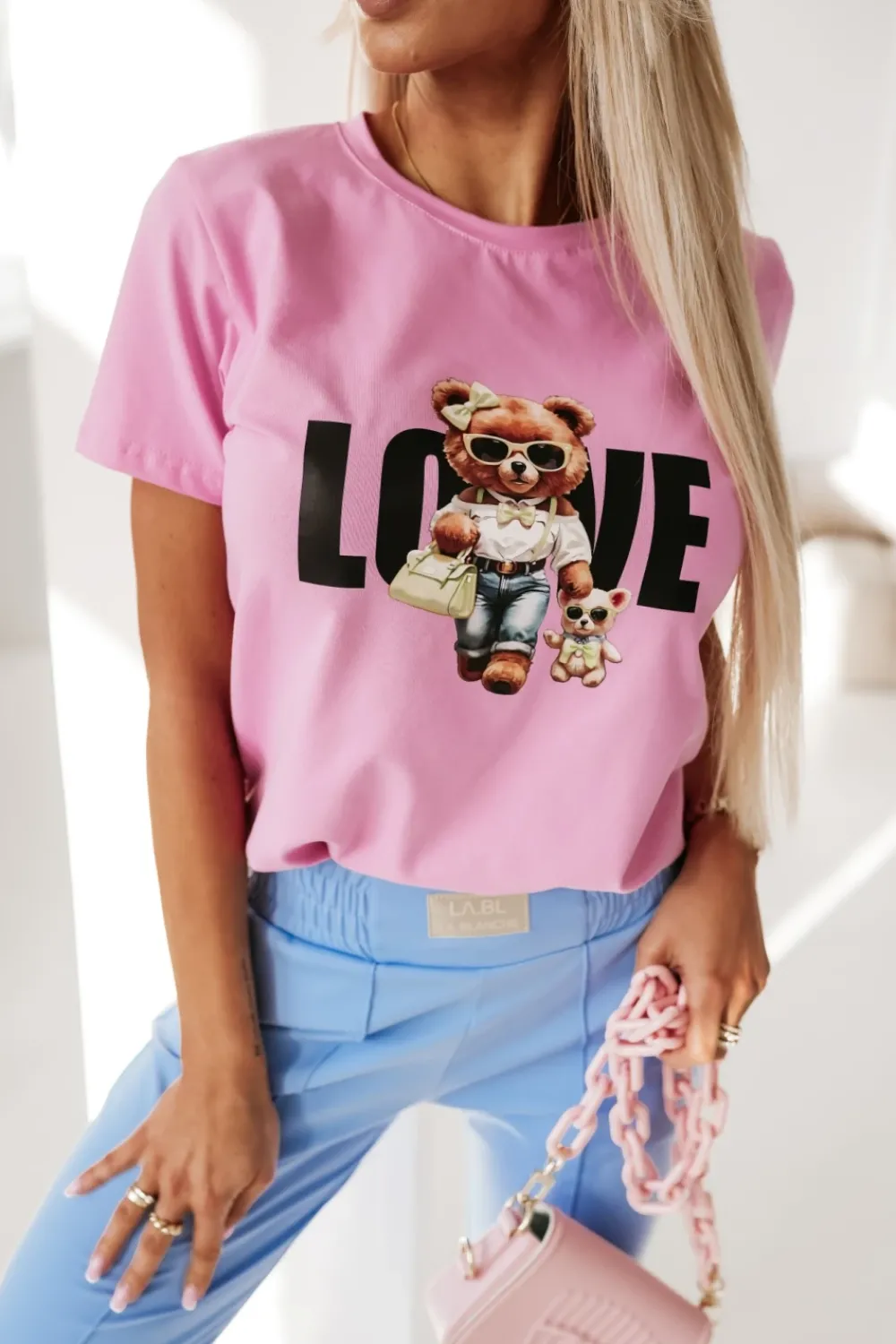 CandyTM T-SHIRT BAWEŁNIANY Z MISIEM I NAPISEM LOVE RÓŻOWY