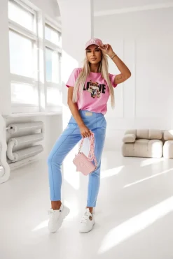 CandyTM T-SHIRT BAWEŁNIANY Z MISIEM I NAPISEM LOVE RÓŻOWY