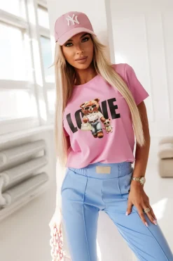 CandyTM T-SHIRT BAWEŁNIANY Z MISIEM I NAPISEM LOVE RÓŻOWY