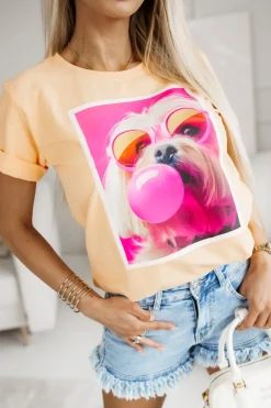 CandyTM T-SHIRT BAWEŁNIANY Z NADRUKIEM PIESEK W OKULARACH MORELOWY