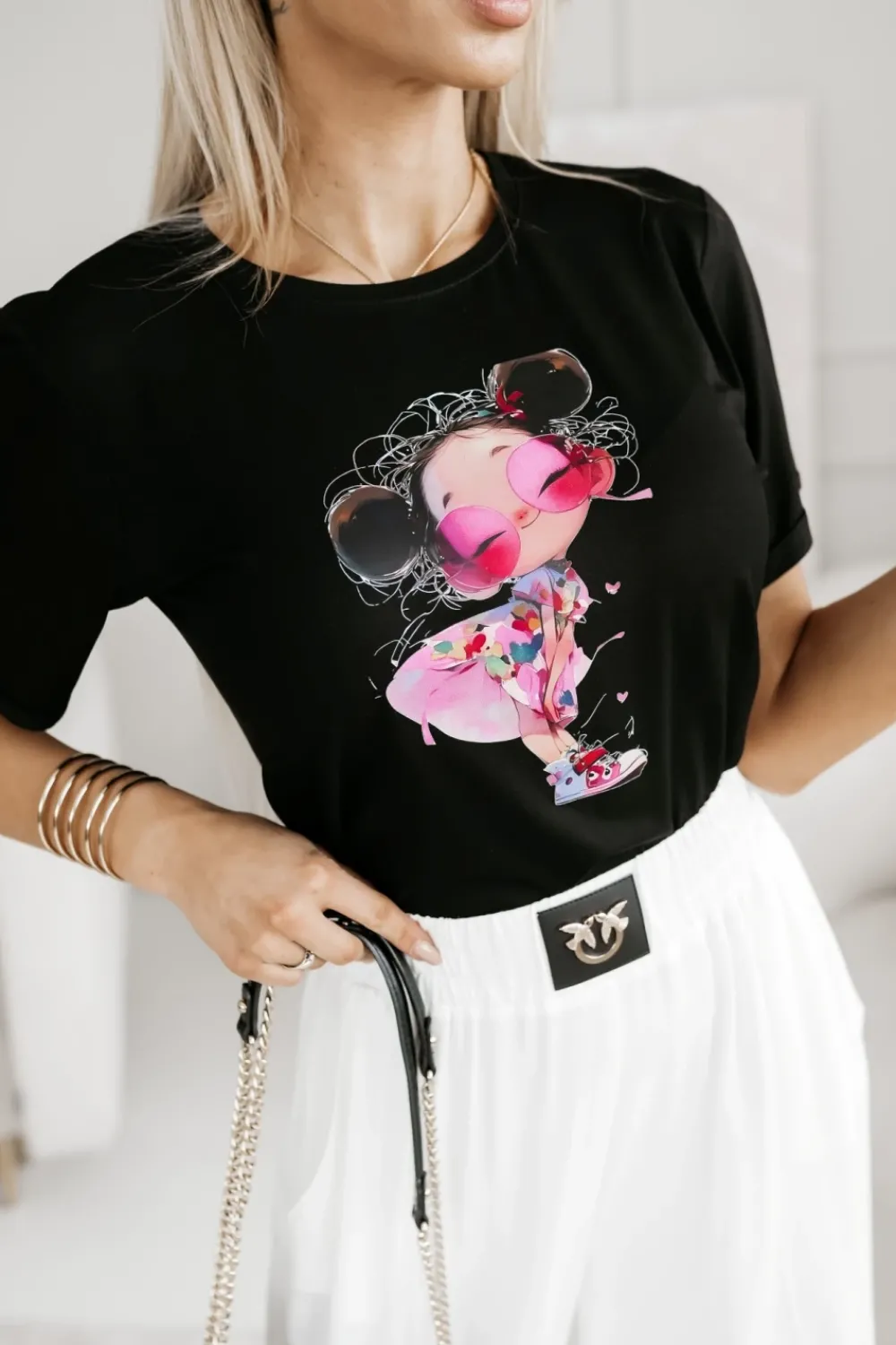 CandyTM T-SHIRT BAWEŁNIANY Z NADRUKIEM DZIEWCZYNKA W OKULARACH CZARNY