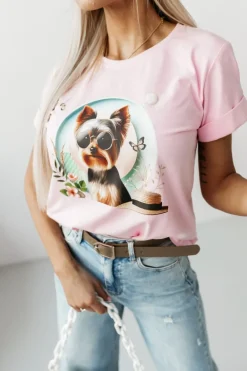 CandyTM T-SHIRT BAWEŁNIANY Z NADRUKIEM YORK TERRIER RÓŻOWY