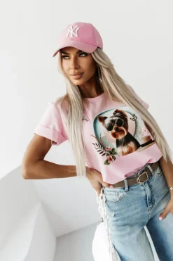 CandyTM T-SHIRT BAWEŁNIANY Z NADRUKIEM YORK TERRIER RÓŻOWY