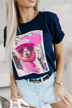 CandyTM T-SHIRT BAWEŁNIANY Z NADRUKIEM LAMA W CZAPCE GRANATOWY