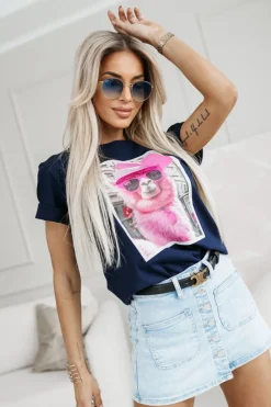 CandyTM T-SHIRT BAWEŁNIANY Z NADRUKIEM LAMA W CZAPCE GRANATOWY