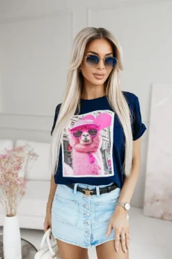 CandyTM T-SHIRT BAWEŁNIANY Z NADRUKIEM LAMA W CZAPCE GRANATOWY