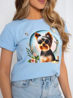 CandyTM T-SHIRT BAWEŁNIANY Z NADRUKIEM YORK TERRIER BŁĘKITNY
