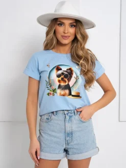 CandyTM T-SHIRT BAWEŁNIANY Z NADRUKIEM YORK TERRIER BŁĘKITNY