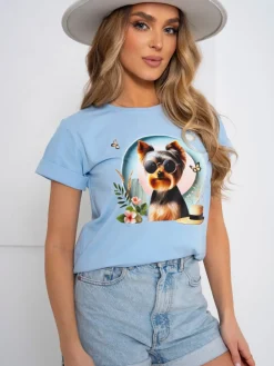 CandyTM T-SHIRT BAWEŁNIANY Z NADRUKIEM YORK TERRIER BŁĘKITNY