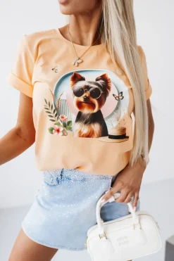 CandyTM T-SHIRT BAWEŁNIANY Z NADRUKIEM YORK TERRIER MORELOWY