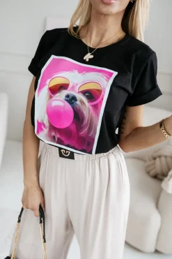 CandyTM T-SHIRT BAWEŁNIANY Z NADRUKIEM PIESEK W OKULARACH CZARNY