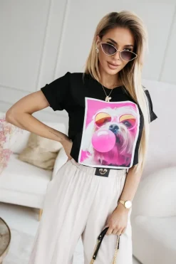 CandyTM T-SHIRT BAWEŁNIANY Z NADRUKIEM PIESEK W OKULARACH CZARNY