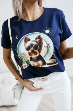 CandyTM T-SHIRT BAWEŁNIANY Z NADRUKIEM YORK TERRIER GRANATOWY