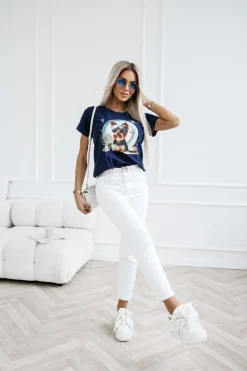 CandyTM T-SHIRT BAWEŁNIANY Z NADRUKIEM YORK TERRIER GRANATOWY