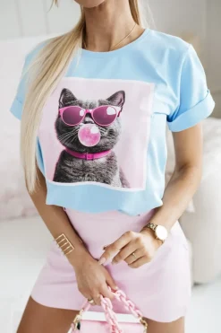 CandyTM T-SHIRT BAWEŁNIANY Z NADRUKIEM KOTEK W OKULARACH BŁĘKITNY