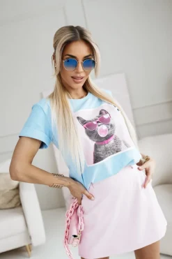 CandyTM T-SHIRT BAWEŁNIANY Z NADRUKIEM KOTEK W OKULARACH BŁĘKITNY