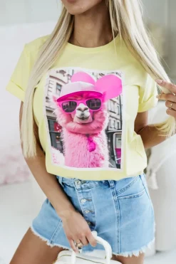CandyTM T-SHIRT BAWEŁNIANY Z NADRUKIEM LAMA W CZAPCE ŻÓŁTY