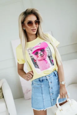 CandyTM T-SHIRT BAWEŁNIANY Z NADRUKIEM LAMA W CZAPCE ŻÓŁTY