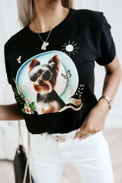 CandyTM T-SHIRT BAWEŁNIANY Z NADRUKIEM YORK TERRIER CZARNY