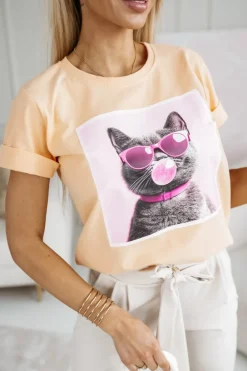 CandyTM T-SHIRT BAWEŁNIANY Z NADRUKIEM KOTEK W OKULARACH MORELOWY