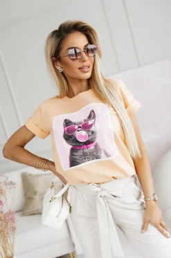CandyTM T-SHIRT BAWEŁNIANY Z NADRUKIEM KOTEK W OKULARACH MORELOWY