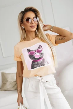 CandyTM T-SHIRT BAWEŁNIANY Z NADRUKIEM KOTEK W OKULARACH MORELOWY