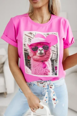 CandyTM T-SHIRT BAWEŁNIANY Z NADRUKIEM LAMA W CZAPCE MOCNY RÓŻ
