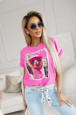 CandyTM T-SHIRT BAWEŁNIANY Z NADRUKIEM LAMA W CZAPCE MOCNY RÓŻ