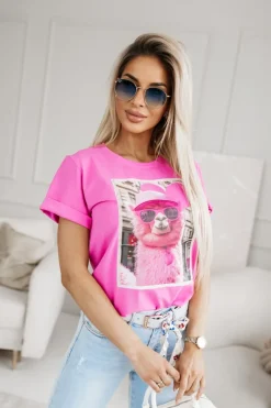 CandyTM T-SHIRT BAWEŁNIANY Z NADRUKIEM LAMA W CZAPCE MOCNY RÓŻ