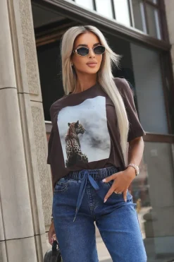 CandyTM T-SHIRT BAWEŁNIANY Z NADRUKIEM GEPARD BRĄZOWY