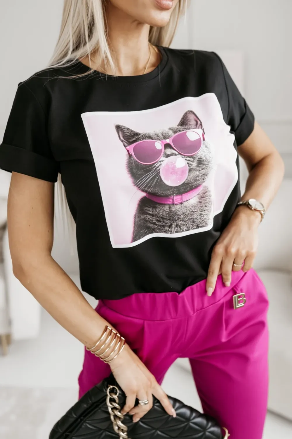 CandyTM T-SHIRT BAWEŁNIANY Z NADRUKIEM KOTEK W OKULARACH CZARNY