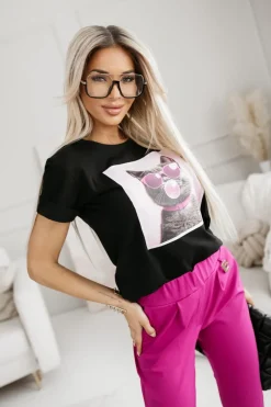 CandyTM T-SHIRT BAWEŁNIANY Z NADRUKIEM KOTEK W OKULARACH CZARNY