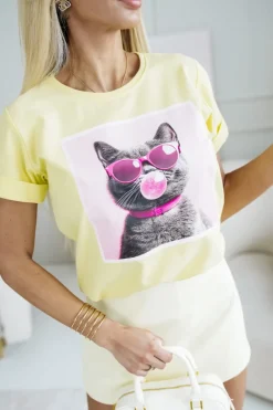 CandyTM T-SHIRT BAWEŁNIANY Z NADRUKIEM KOTEK W OKULARACH ŻÓŁTY