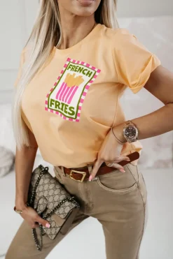 CandyTM T-SHIRT BAWEŁNIANY Z NADRUKIEM FRENCH FRIES MORELOWY