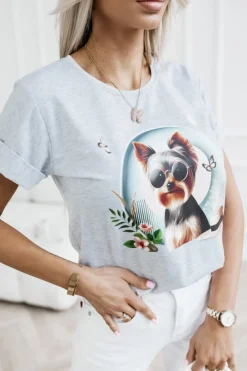 CandyTM T-SHIRT BAWEŁNIANY Z NADRUKIEM YORK TERRIER SZARY
