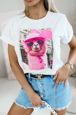 CandyTM T-SHIRT BAWEŁNIANY Z NADRUKIEM LAMA W CZAPCE BIAŁA