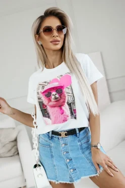 CandyTM T-SHIRT BAWEŁNIANY Z NADRUKIEM LAMA W CZAPCE BIAŁA