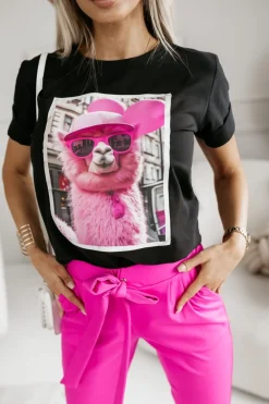 CandyTM T-SHIRT BAWEŁNIANY Z NADRUKIEM LAMA W CZAPCE CZARNY