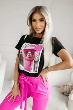 CandyTM T-SHIRT BAWEŁNIANY Z NADRUKIEM LAMA W CZAPCE CZARNY