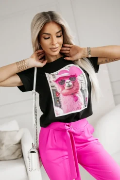 CandyTM T-SHIRT BAWEŁNIANY Z NADRUKIEM LAMA W CZAPCE CZARNY