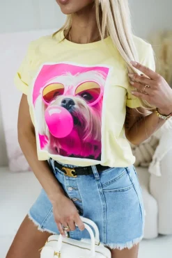 CandyTM T-SHIRT BAWEŁNIANY Z NADRUKIEM PIESEK W OKULARACH ŻÓŁTY
