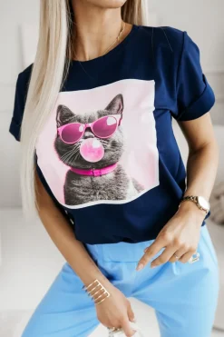 CandyTM T-SHIRT BAWEŁNIANY Z NADRUKIEM KOTEK W OKULARACH GRANATOWY
