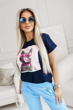 CandyTM T-SHIRT BAWEŁNIANY Z NADRUKIEM KOTEK W OKULARACH GRANATOWY