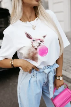 CandyTM T-SHIRT BAWEŁNIANY Z NADRUKIEM LAMA BIAŁY