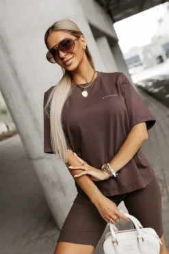 CandyTM T-SHIRT BAWEŁNIANY Z NAPISEM STAYHERE BRĄZOWY