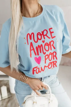 CandyTM T-SHIRT BAWEŁNIANY Z NAPISEM MORE AMOR POR FAVOR NIEBIESKI