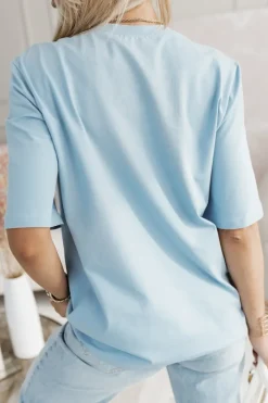 CandyTM T-SHIRT BAWEŁNIANY Z NAPISEM MORE AMOR POR FAVOR NIEBIESKI