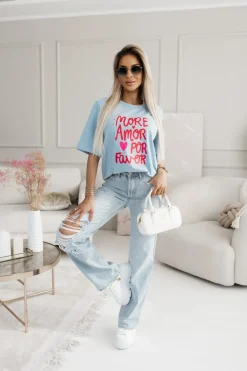 CandyTM T-SHIRT BAWEŁNIANY Z NAPISEM MORE AMOR POR FAVOR NIEBIESKI