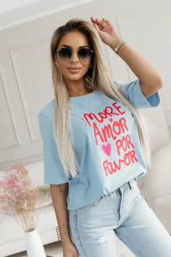 CandyTM T-SHIRT BAWEŁNIANY Z NAPISEM MORE AMOR POR FAVOR NIEBIESKI